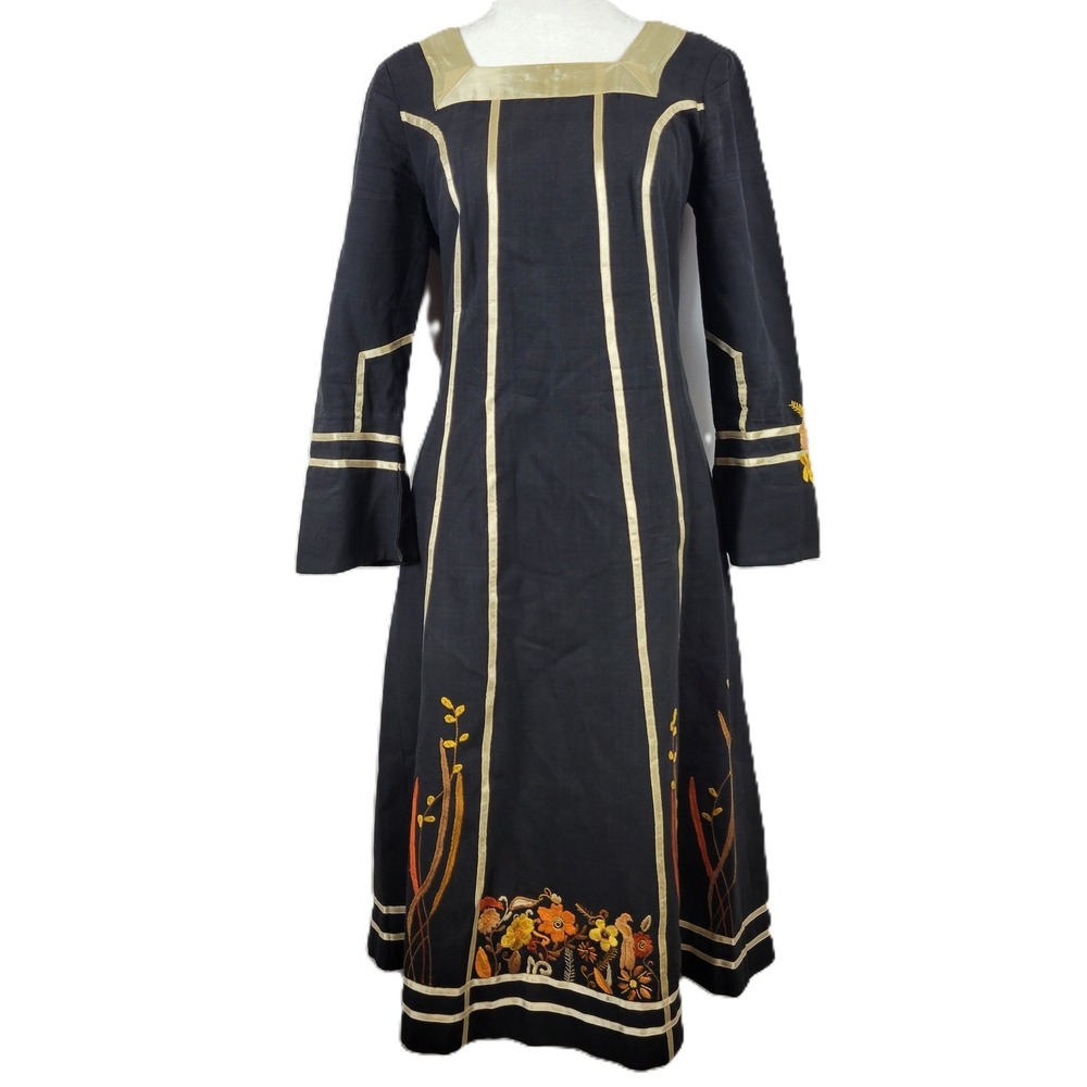 Vtg 70s Josefa Ibarra Midi S Dress Black Floral Embroidered Designer A-Line Boho